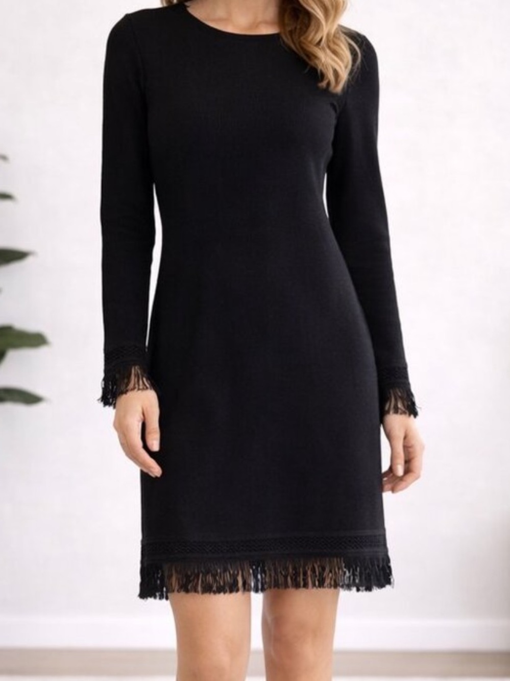 Nanette Lepore Luciana Dress Fringe Hem Long Sleeve Black Knit Formal Midi Dress